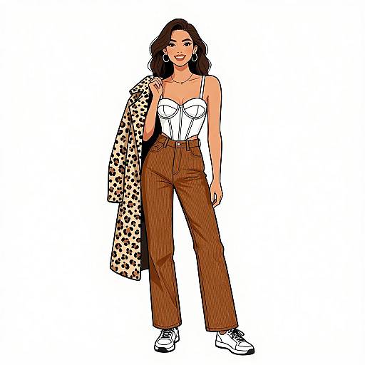 Digital illustration of a smiling woman with wavy dark hair, wearing a white strapless top, brown high-waisted pants, white sneakers, and