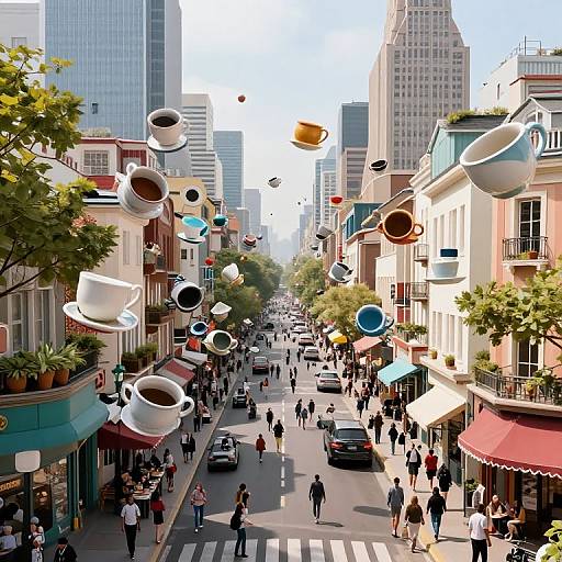 Photorealistic digital art of a bustling urban street with floating oversized cups and saucers, surrounded by pedestrians and buildings.