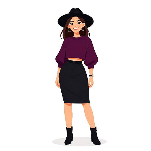 Digital illustration of a young woman with medium skin tone, wearing a black hat, purple long-sleeve top, black skirt, and black ankle boots