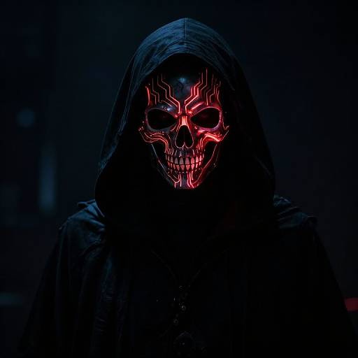 Photograph of a mysterious figure in a dark hooded cloak, with a glowing red, skeletal face featuring eerie, jagged lines.