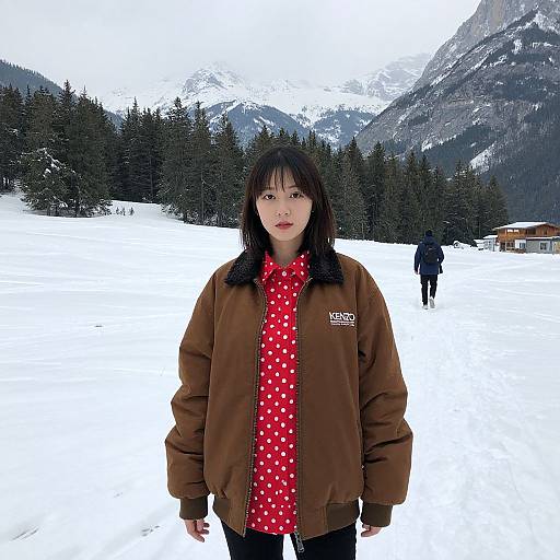 Photograph of an Asian woman with black hair, wearing a brown jacket and red polka-dot shirt, standing in a snowy mountain landscape with pine trees