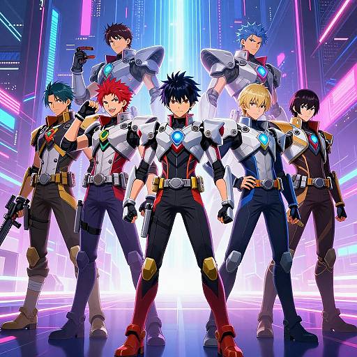Digital anime artwork of seven futuristic warriors in neon-lit sci-fi setting, wearing armored outfits with glowing blue accents, standing confidently in a V formation.