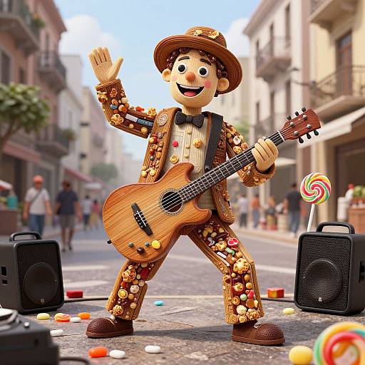 Digital illustration of a colorful, candy-covered marionette playing guitar on a busy street, surrounded by lollipop decorations and speakers.