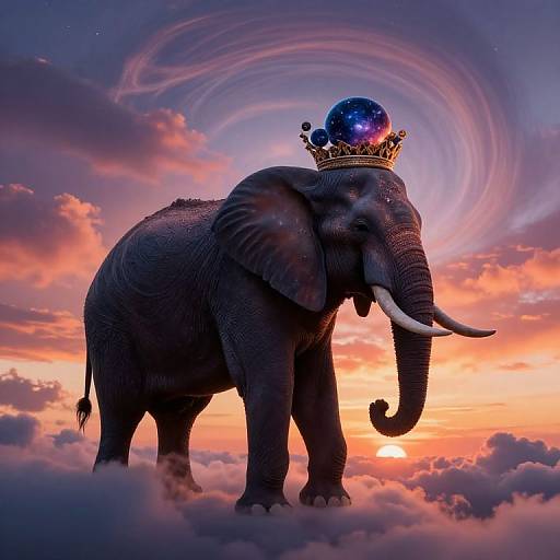 Photograph of a majestic elephant wearing a jeweled crown with a starry sphere, standing on clouds against a vibrant, colorful sunset sky with swirling clouds