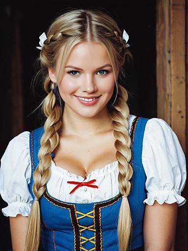 Photograph of a smiling young blonde woman with braided hair, wearing a traditional blue dirndl dress with white blouse and red bow, against a wooden