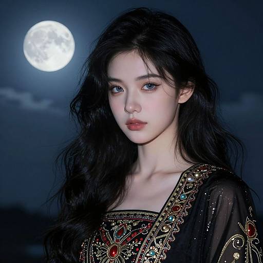 Photorealistic digital portrait of a beautiful young Asian woman with long black hair, wearing an ornate black dress, under a full moon in a dark