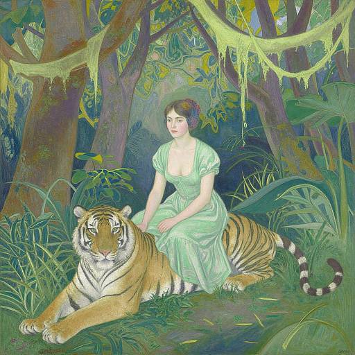 Illustration of a fair-skinned woman in a pale green dress, sitting on a relaxed tiger in a lush, tropical forest.
