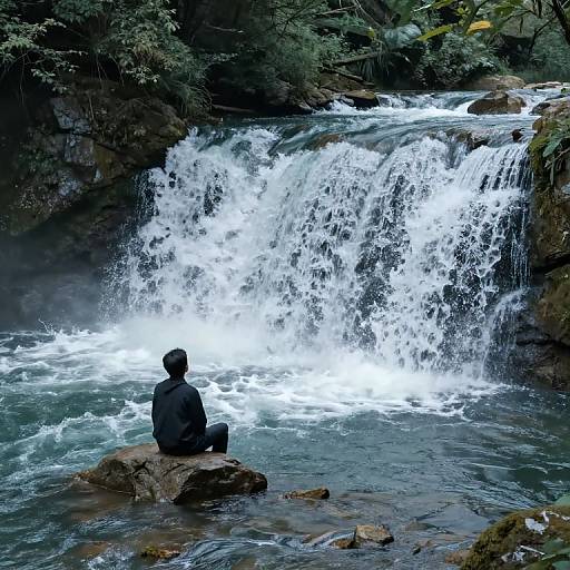 Photograph of a lone person in black sitting on a rock, gazing at a powerful, cascading waterfall surrounded by lush greenery.