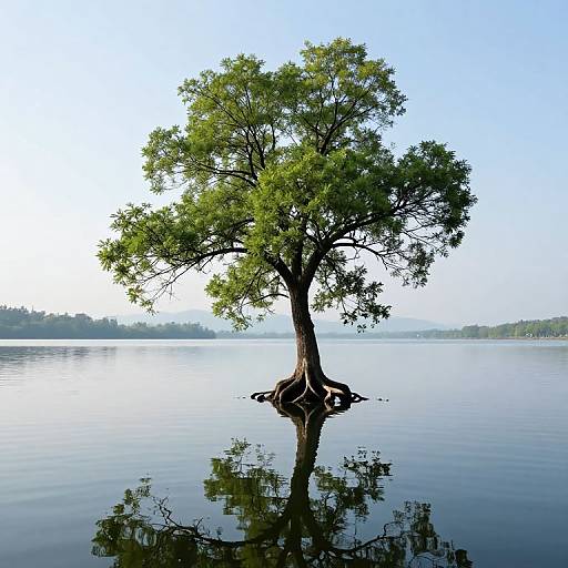 Photograph of a solitary tree with green leaves standing in calm water, its roots exposed, with a clear blue sky and distant tree line in the background