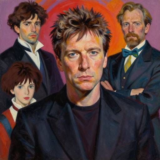 Digital painting of five individuals in formal attire, with a central, serious-looking man in a black suit, surrounded by others in bow ties and collared