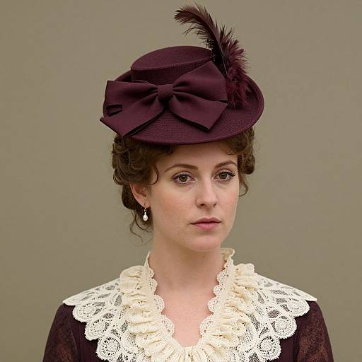 Photograph of a Caucasian woman with fair skin, brown curly hair, wearing a dark purple hat with a bow and feather, white lace collar, and