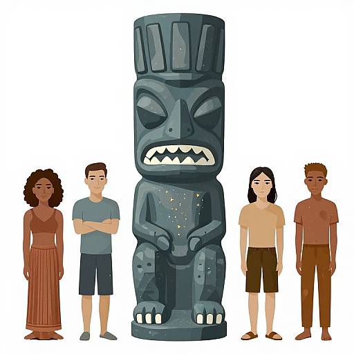 Digital illustration of five diverse people standing beside a large, dark blue, angry-looking stone statue with sharp teeth and closed eyes.