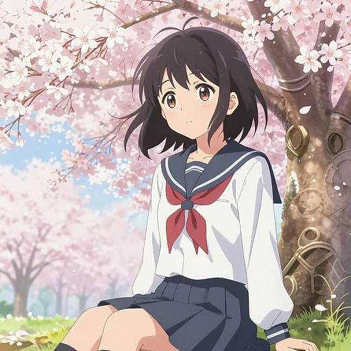 Anime Character in Cherry Blossom Garden