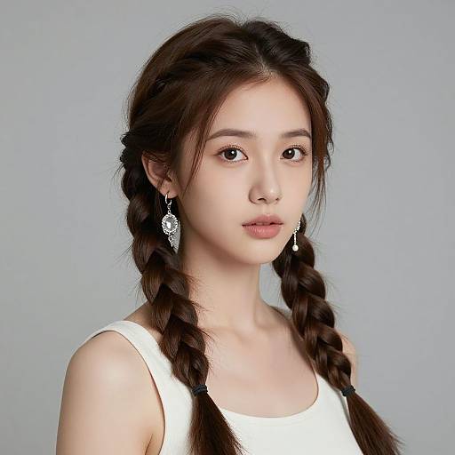 Photograph of an Asian woman with fair skin, long braided brown hair, wearing a white tank top and dangling silver earrings, against a plain light