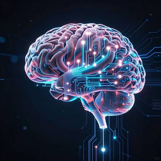 Digital CGI of a glowing, neon-lit human brain with circuitry lines and bright blue and pink highlights against a dark background.