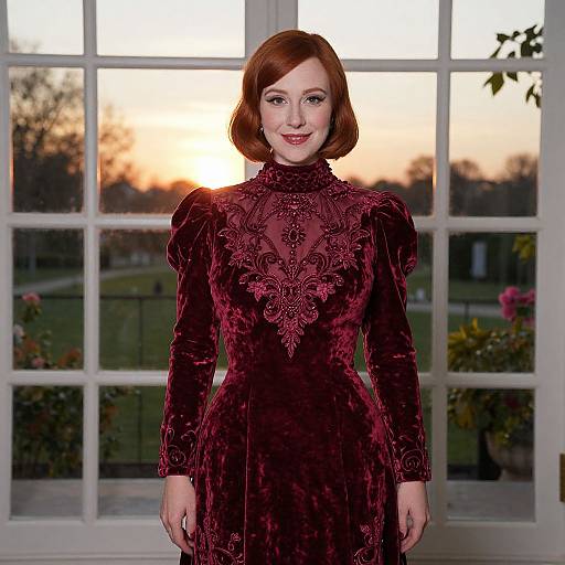 Photograph of a fair-skinned, red-haired woman with a bob haircut, wearing a deep red, long-sleeved, lace-embell