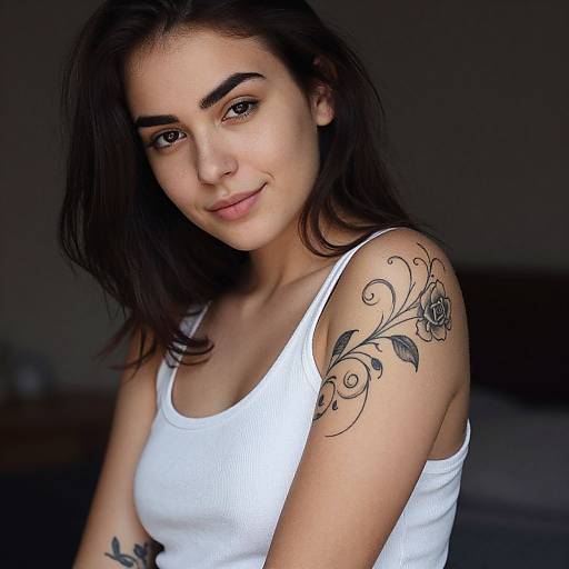 Photograph of a young woman with dark brown hair, light skin, and brown eyes, wearing a white tank top, showcasing a floral tattoo on her