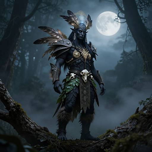 Digital artwork of a dark-skinned, muscular warrior with feathered headdress and armor, standing in a moonlit forest, wearing animal skulls and fur
