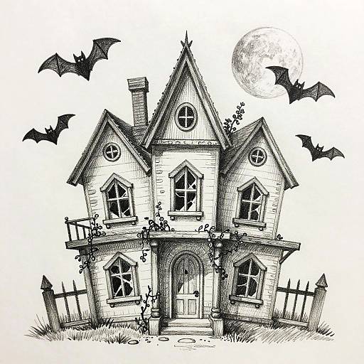 Black-and-white ink drawing of a spooky, Gothic-style haunted house with three gabled roofs, bats flying, and a full moon.
