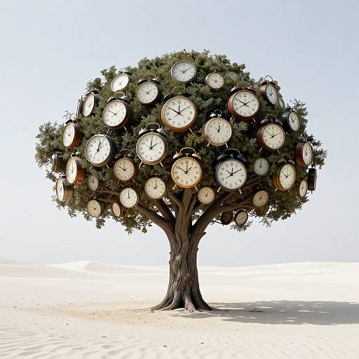 Photograph of a surreal tree with numerous round, white clock faces as leaves, standing alone in a barren, sandy landscape under a clear blue sky.