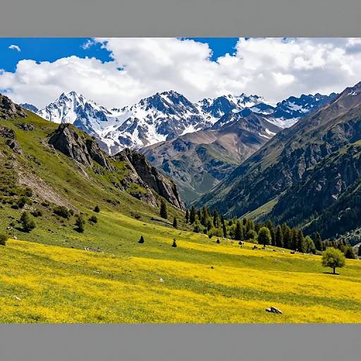 Photograph of a vibrant yellow meadow with scattered trees, leading to a mountain range with snow-capped peaks under a bright blue sky with white clouds