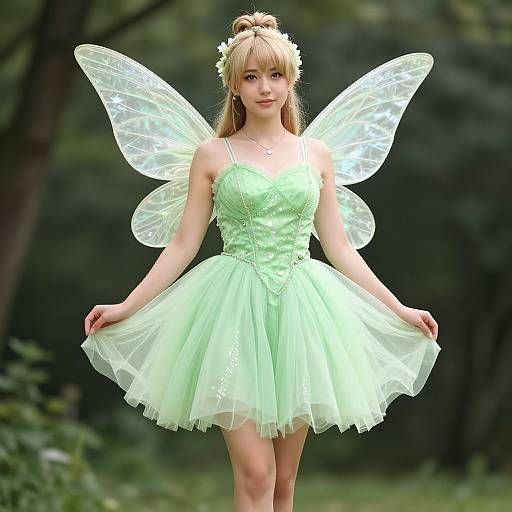 Photograph of a young woman with blonde hair in a bun, wearing a light green fairy dress and translucent wings, standing in a forest. She smiles