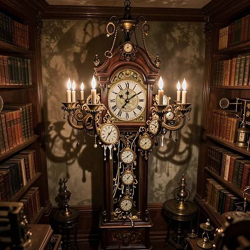 Vintage photograph of an ornate, antique clock with candleholder, surrounded by bookshelves, in a dimly lit, old library.