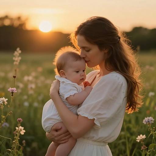 Photograph of a mother with long brown hair, wearing a white dress, gently kissing her baby's forehead in a sunlit meadow at sunset,