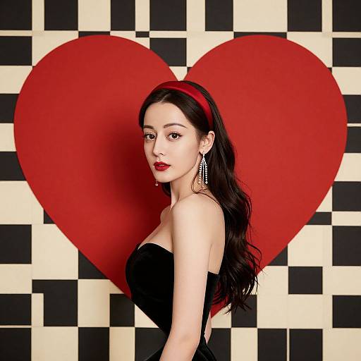 Elegant Woman with Red Heart Backdrop