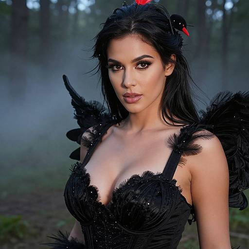 Photograph of a beautiful woman with dark hair, wearing a black feathered dress, standing in a misty forest. She has striking makeup, a