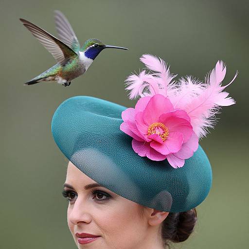 Photograph of a woman in a teal hat with pink flower and white feathers, a hummingbird hovering above her head.