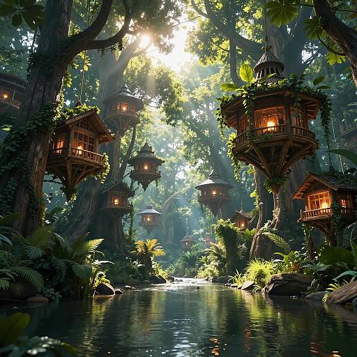 Mystical Floating Treehouses Over River