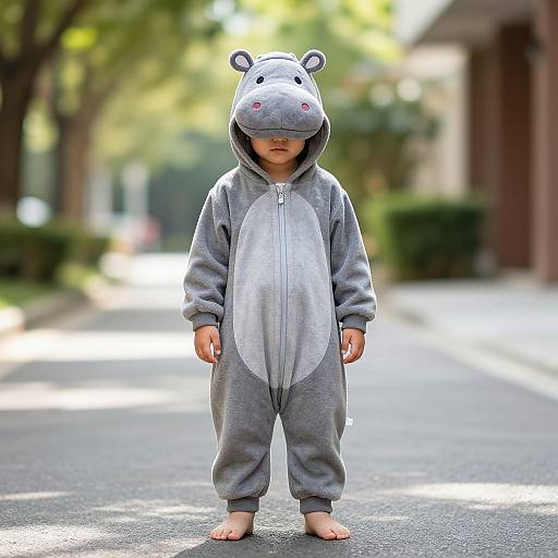 Photograph of a young child standing on a suburban street, wearing a gray, hooded, frog-themed onesie with ears, barefoot, in
