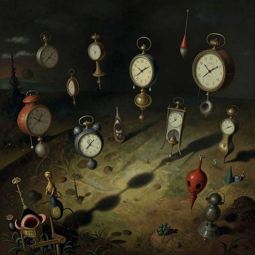 Surreal digital artwork of floating antique clocks in dark, eerie landscape with whimsical objects like a red creature and lantern.