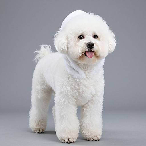 Photograph of a fluffy white Bichon Frise puppy with black eyes and pink tongue, standing on a gray background, looking forward.
