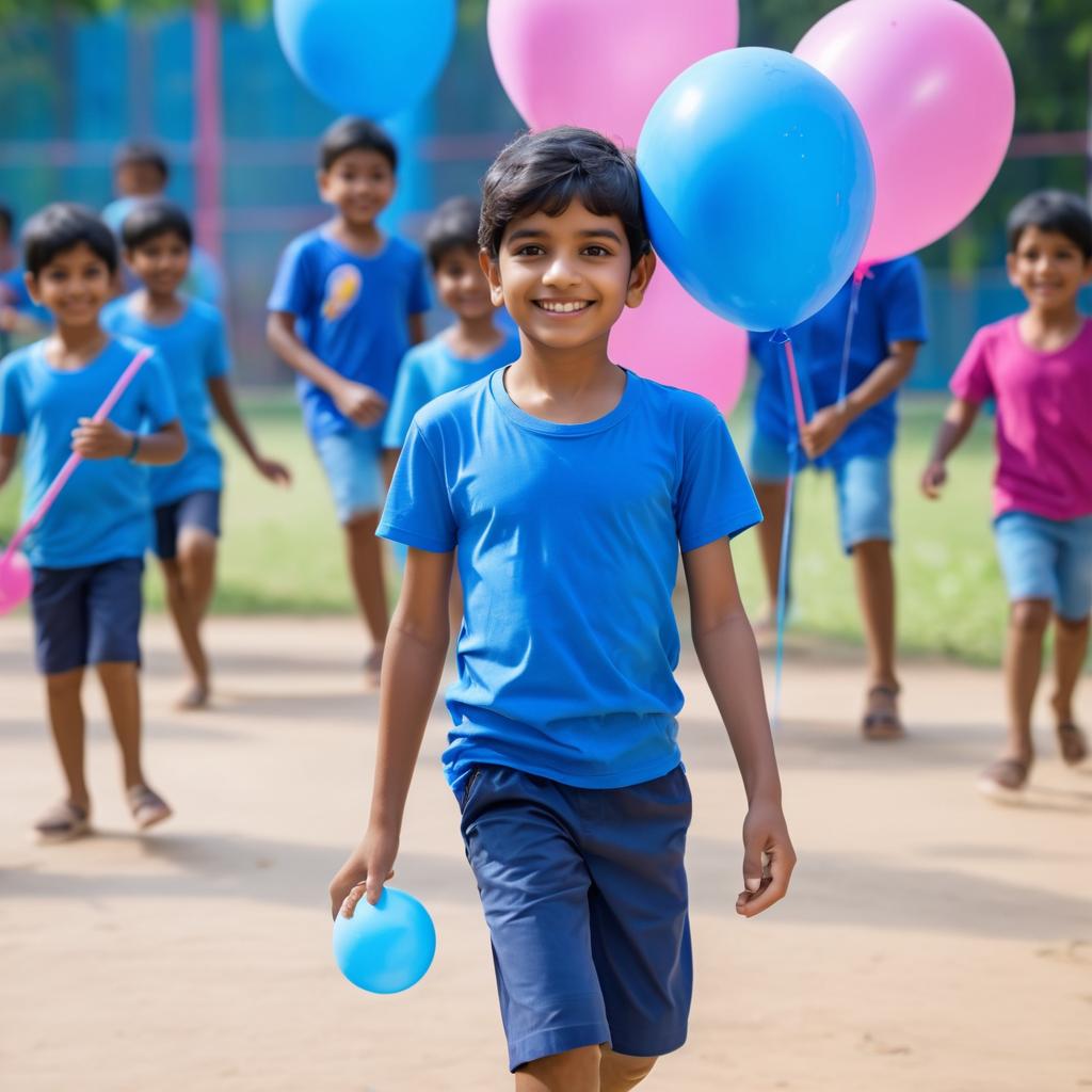 Joyful Indian Boy with Balloons in Playground