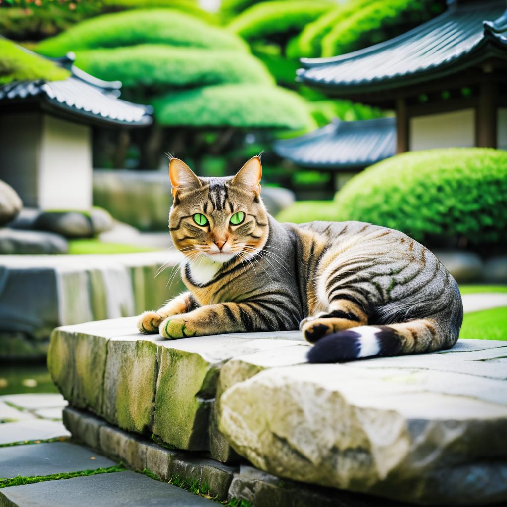 Cinematic Tabby Cat in Japanese Garden