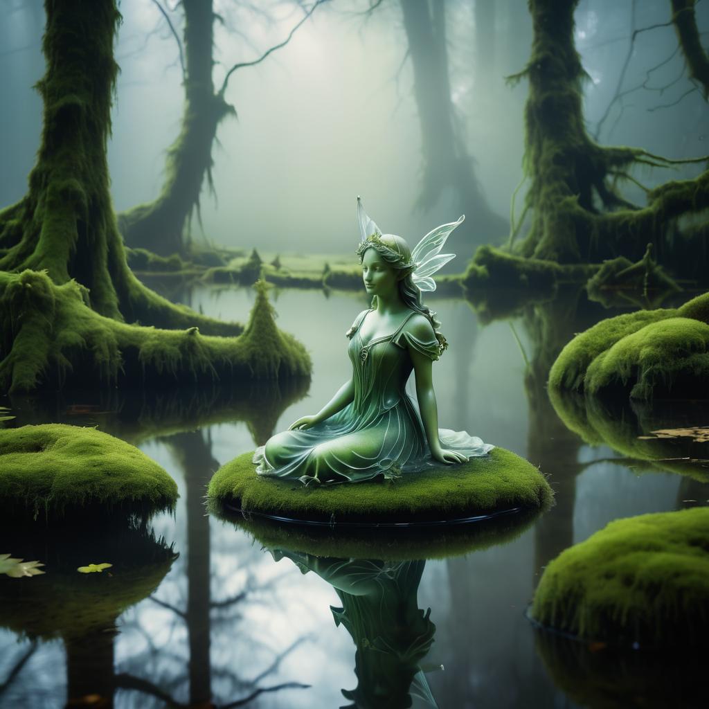 Enchanted Fairy Statue in Misty Pond