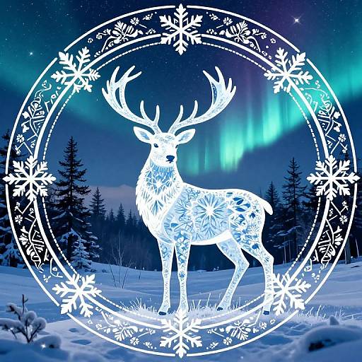 Digital art of a glowing white deer with intricate snowflake patterns, standing in a snowy forest under the Northern Lights.