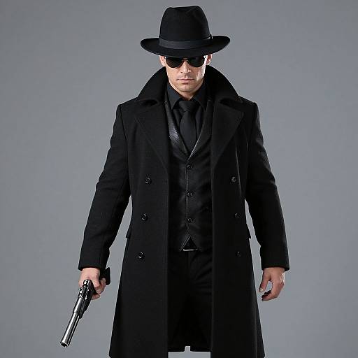 Photograph of a serious man in a black coat, hat, and sunglasses, holding a gun, against a plain gray background.