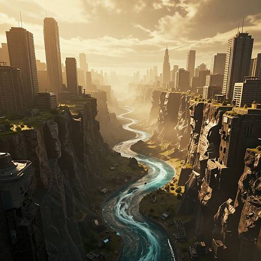 Photorealistic digital artwork of a sunlit, futuristic cityscape with towering skyscrapers, a winding blue river, and cliffside buildings.