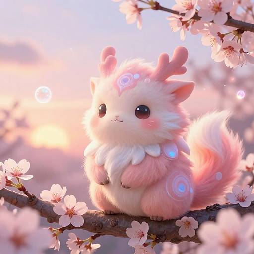 Cute, fluffy, pink-and-white fantasy creature with glowing eyes and antler-like ears, sitting on cherry blossom branch, surrounded by soft sunlight.