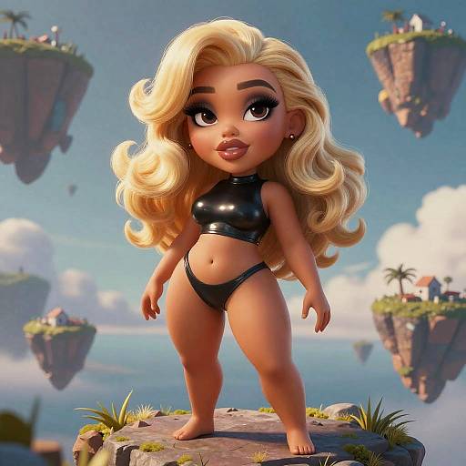 Digital art of a cute, chibi-style blonde girl with large eyes, wearing a black, shiny crop top and thong, standing on a floating
