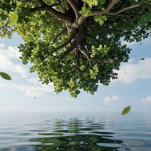 Photograph of a large, leafy tree branch over calm water, with green leaves, blue sky, and gentle ripples below.