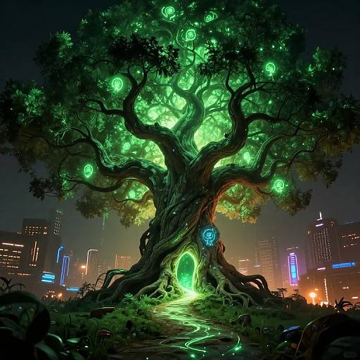 Digital artwork of a glowing, neon-green, bioluminescent tree with swirling orbs in a futuristic cityscape at night. Enchanted archway