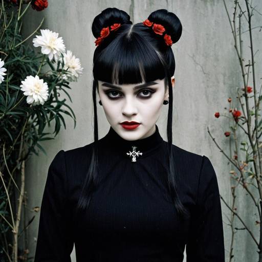 Gothic Woman in Black Dress with Hair Buns and Red Flowers