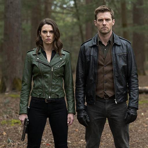 Confident Couple in Leather Jackets in Forest