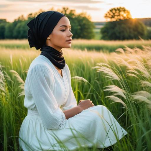 Young Woman in Black Headscarf Sitting in Green Field