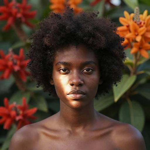 Photograph of a young Black woman with natural afro, bare shoulders, surrounded by vibrant orange flowers, illuminated by sunlight.