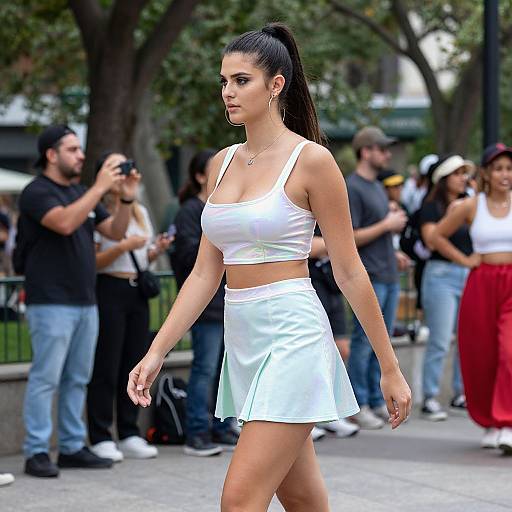 Photograph of a fit, tan-skinned woman with long black hair in a high ponytail, wearing a white crop top and skirt, walking confidently